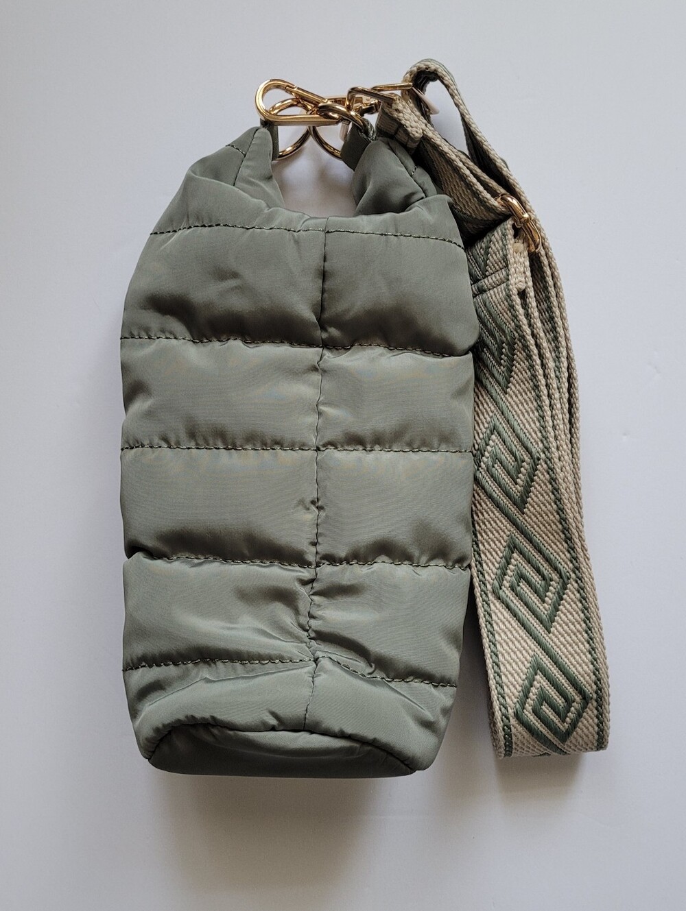 Quilted Crossbody Bag, Patterned Strap - Sage Green - Picture 2 of 5